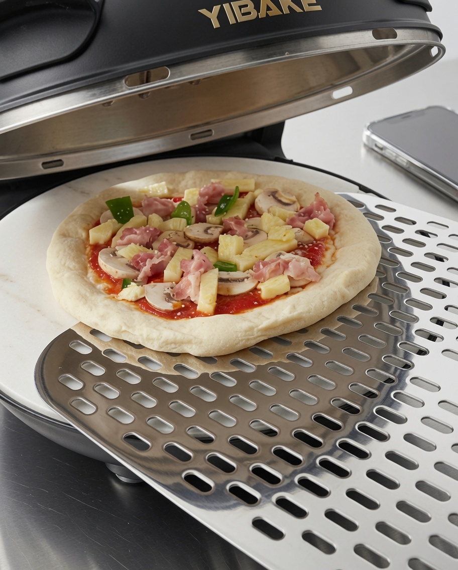 Impasto della pizza guarnito con funghi, salsiccia e prosciutto.