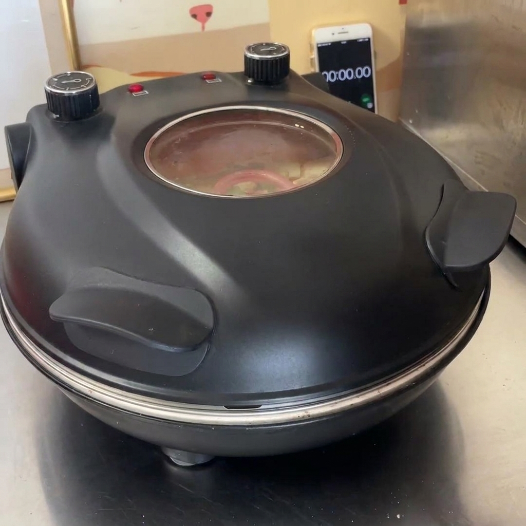 Il coperchio di un forno per pizza Yibake chiuso durante la cottura.