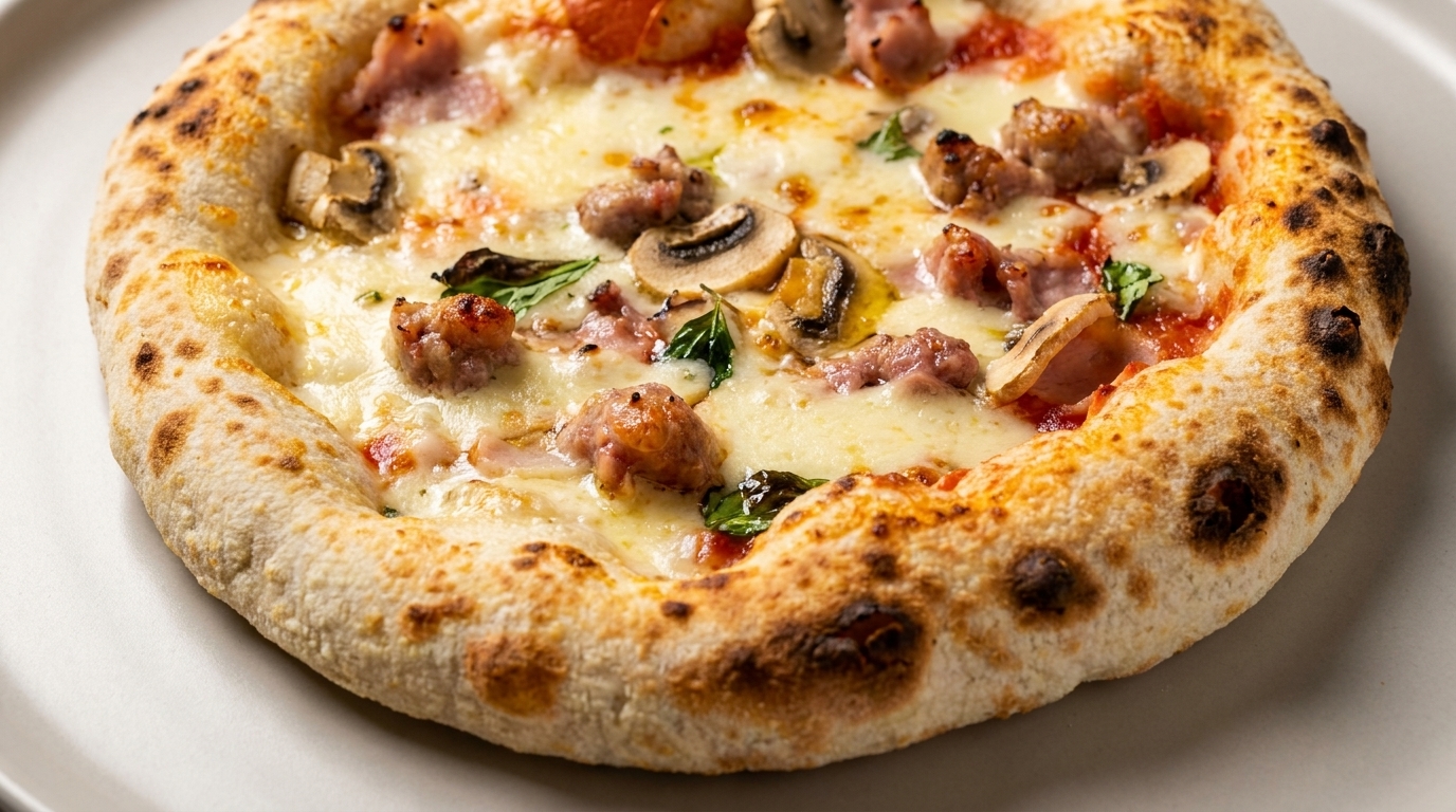Pizza Gourmet con Funghi, Prosciutto e Salsiccia