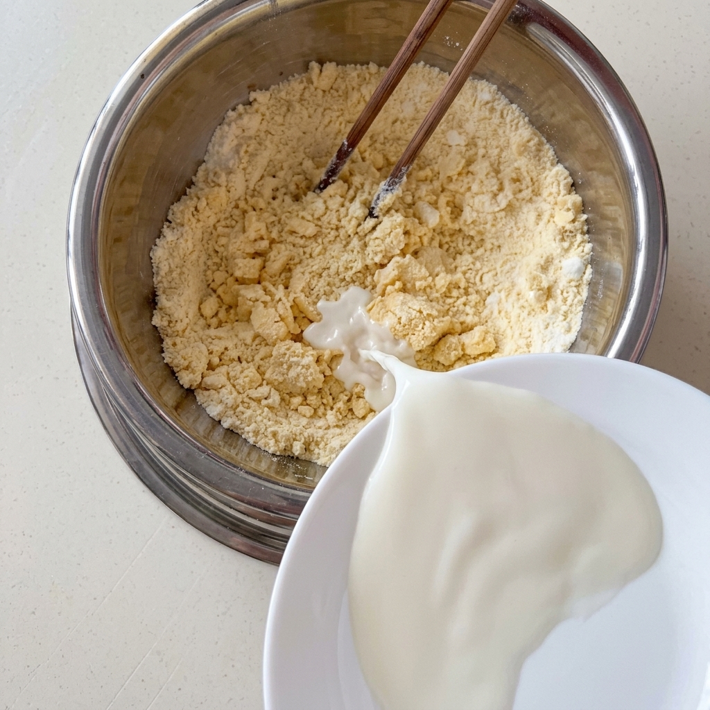 Latte versato nella ciotola mentre si mescola con le bacchette.