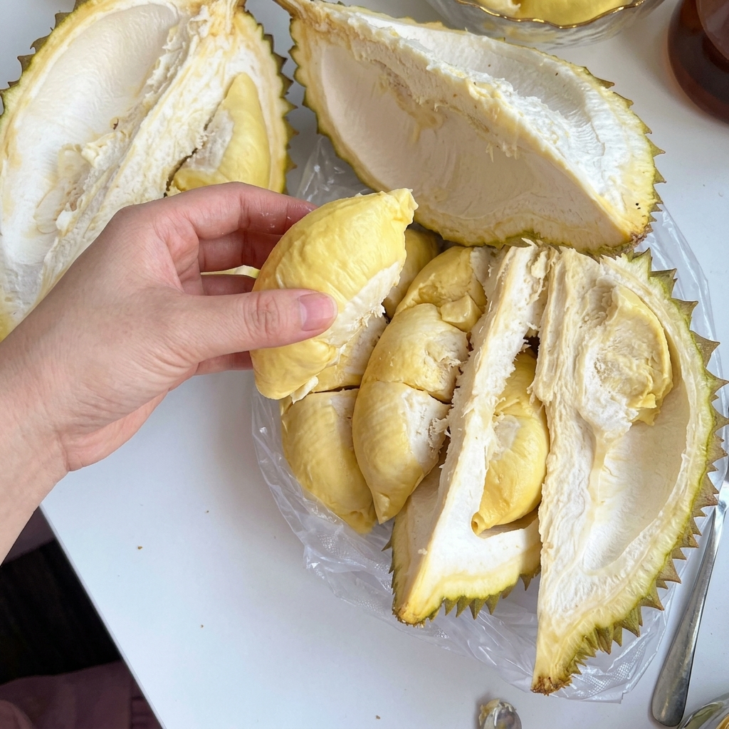 Pezzi di durian giallo in una ciotola di vetro.