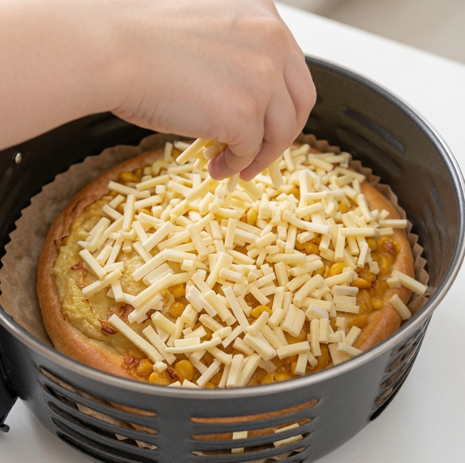 Mozzarella grattugiata aggiunta sulla pizza.