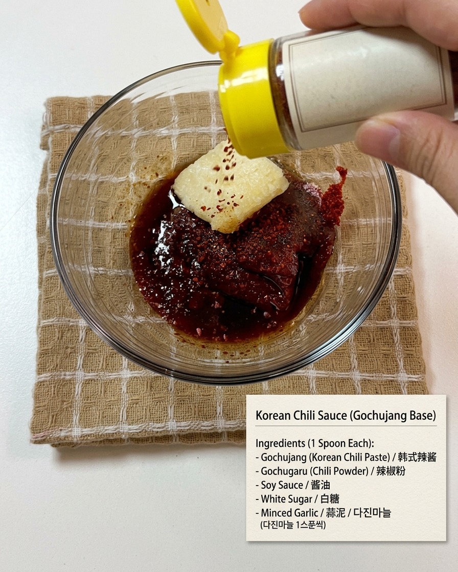 Ingredienti della salsa al gochujang mescolati in una ciotola di vetro.