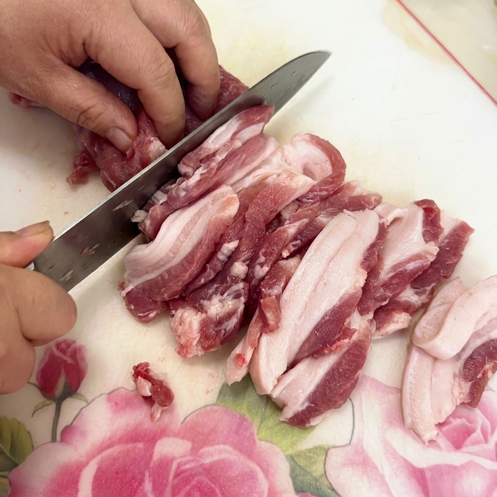 Fette di pancetta di maiale cruda disposte su un tagliere.