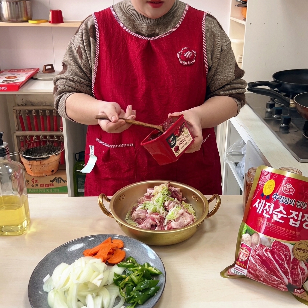 Un cucchiaio di spessa pasta di peperoncino coreana rossa aggiunta alla ciotola.