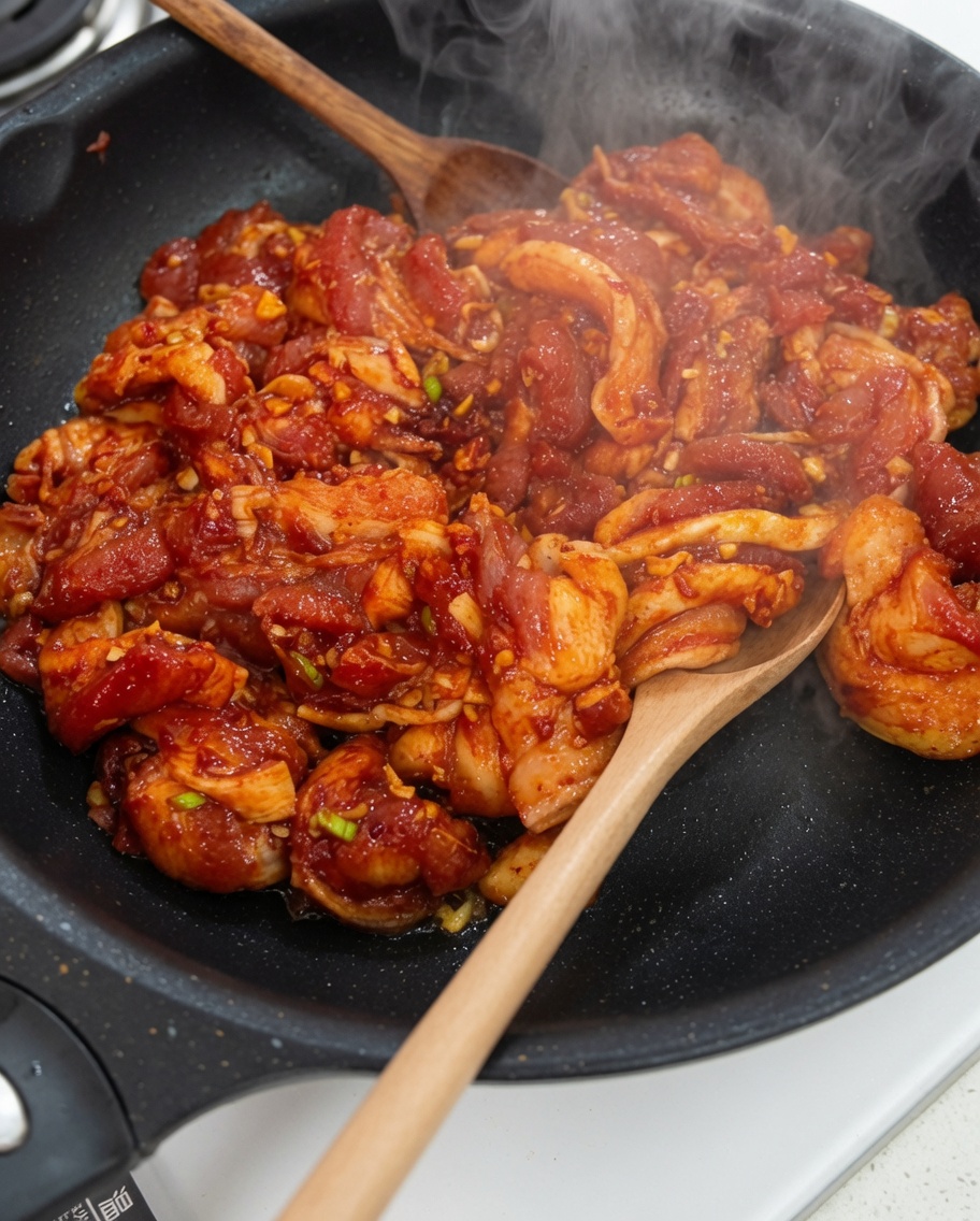 Maiale marinato che cuoce in una padella calda, con vapore visibile.
