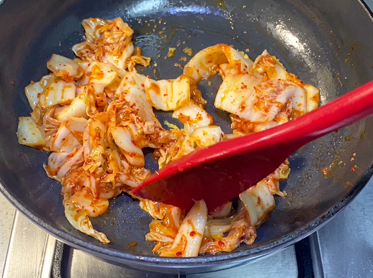 Kimchi che soffrigge in padella con una spatola di silicone rossa.