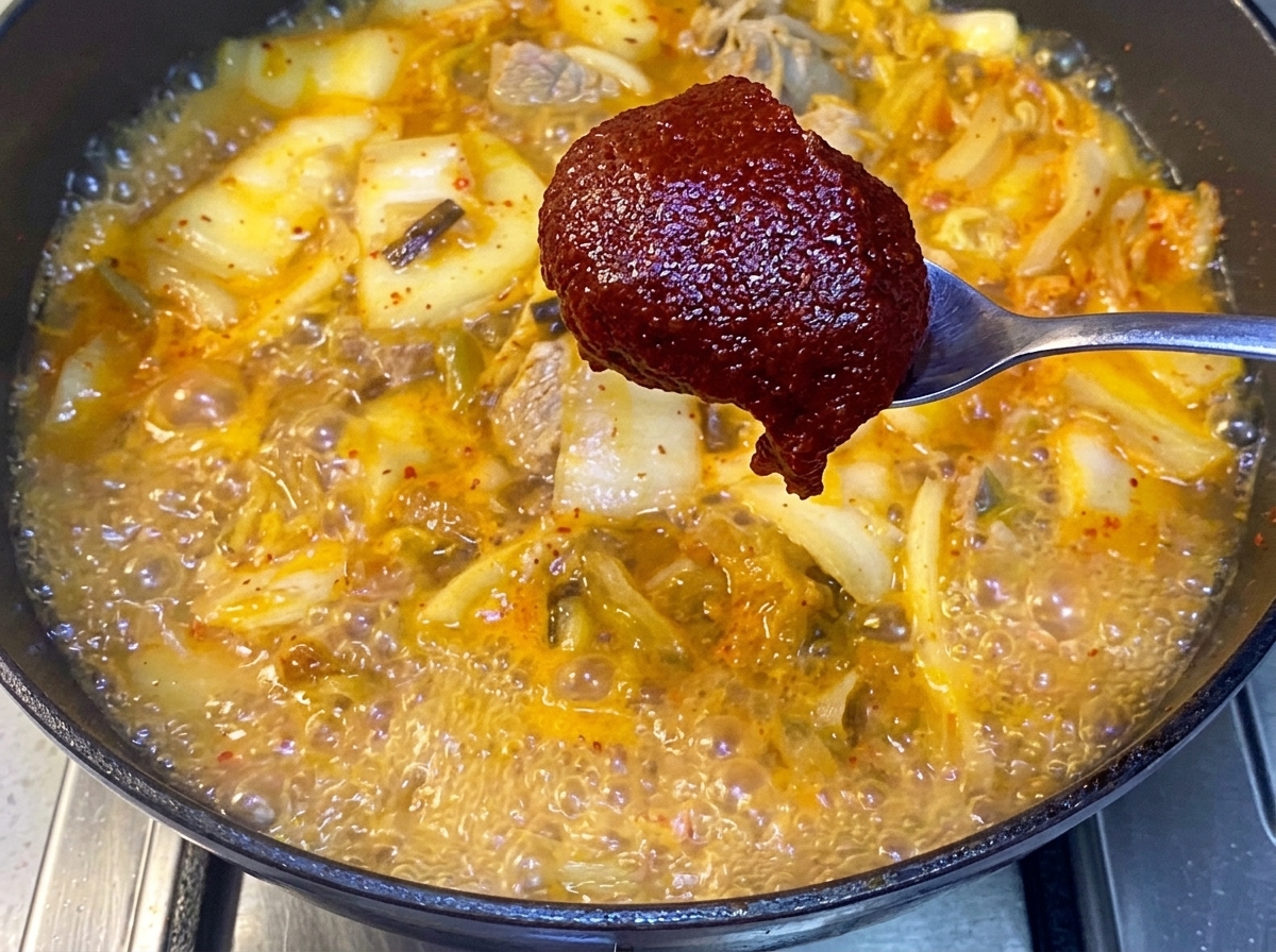 Pasta di peperoncino coreana mescolata nello stufato ribollente con un cucchiaio.