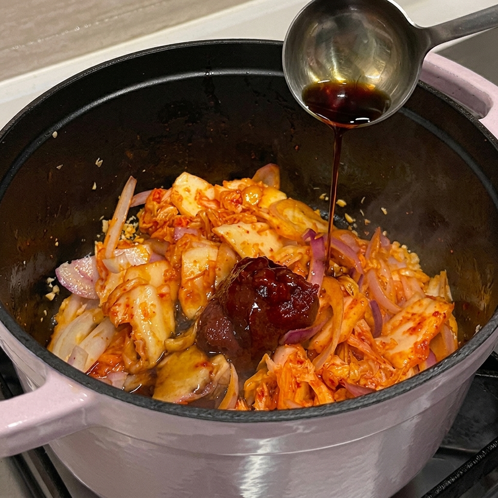 Un mestolo di metallo che versa una salsa scura saporita in una pentola piena di kimchi e cipolla rossa soffritti.