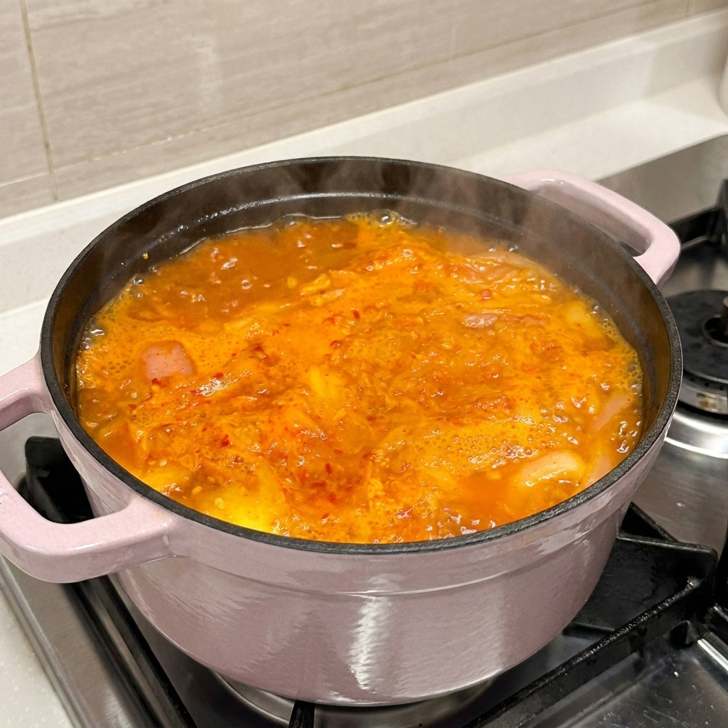 Un coperchio rosa posizionato sopra una zuppa di kimchi e costine di maiale che bolle.