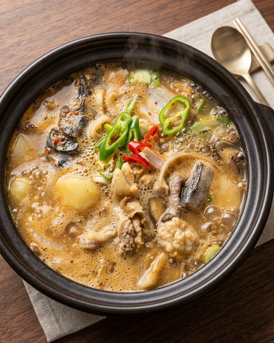Stufato di pesce e pasta di soia in ebollizione con pezzi di tofu aggiunti, che sobbolle nella pentola di terracotta.