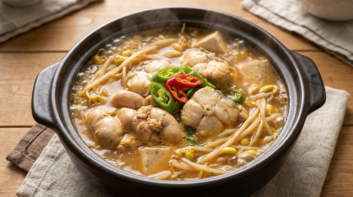 Una rustica pentola di terracotta fumante piena di tenero merluzzo, uova di pesce e croccanti germogli di soia in un saporito brodo alla pasta di soia.