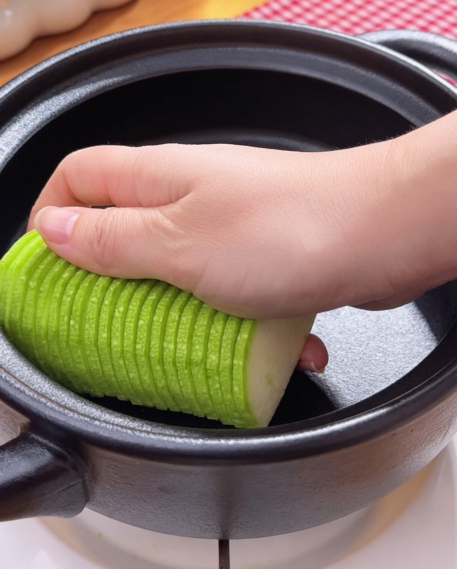 Un abbondante cucchiaio di pasta di soia coreana inserito nella pentola.