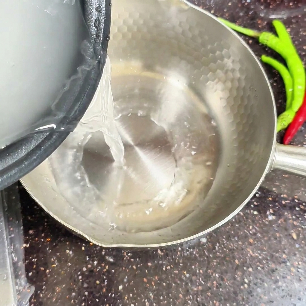 Acqua di riso bianco versata in una pentola dargento pulita sul fornello.