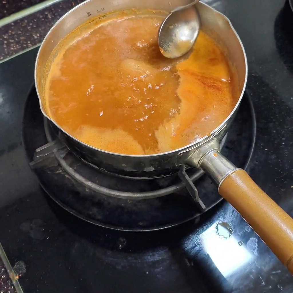 Un mestolo di metallo rimuove la schiuma chiara dalla superficie del brodo.