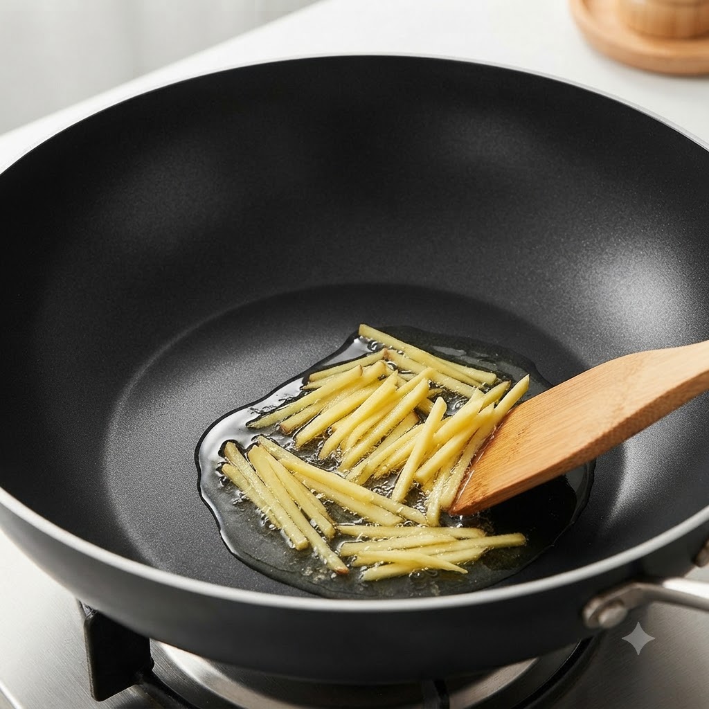 Zenzero a listarelle che soffrigge nellolio caldo allinterno di un wok scuro.