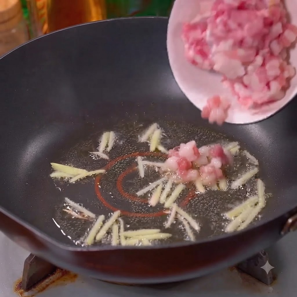 Carne macinata di maiale che scivola da una ciotola nel wok insieme allo zenzero.
