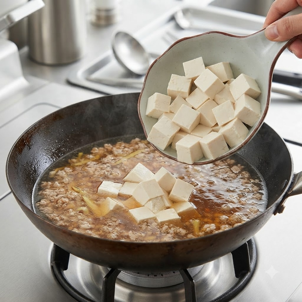 Cubetti di tofu che scivolano nel brodo della zuppa in ebollizione.