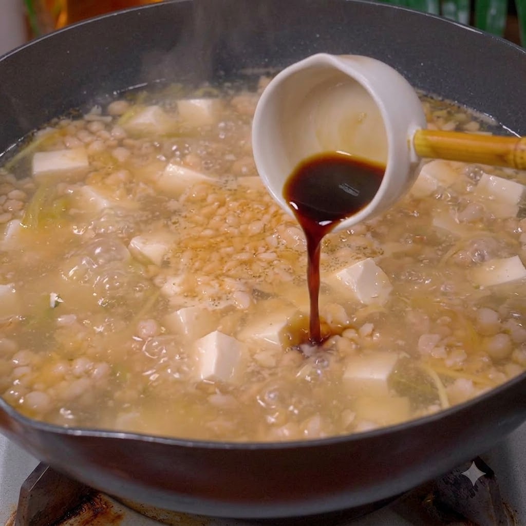 Salsa di soya chiara versata da un piccolo mestolo bianco nella zuppa sobbollente con tofu e maiale.