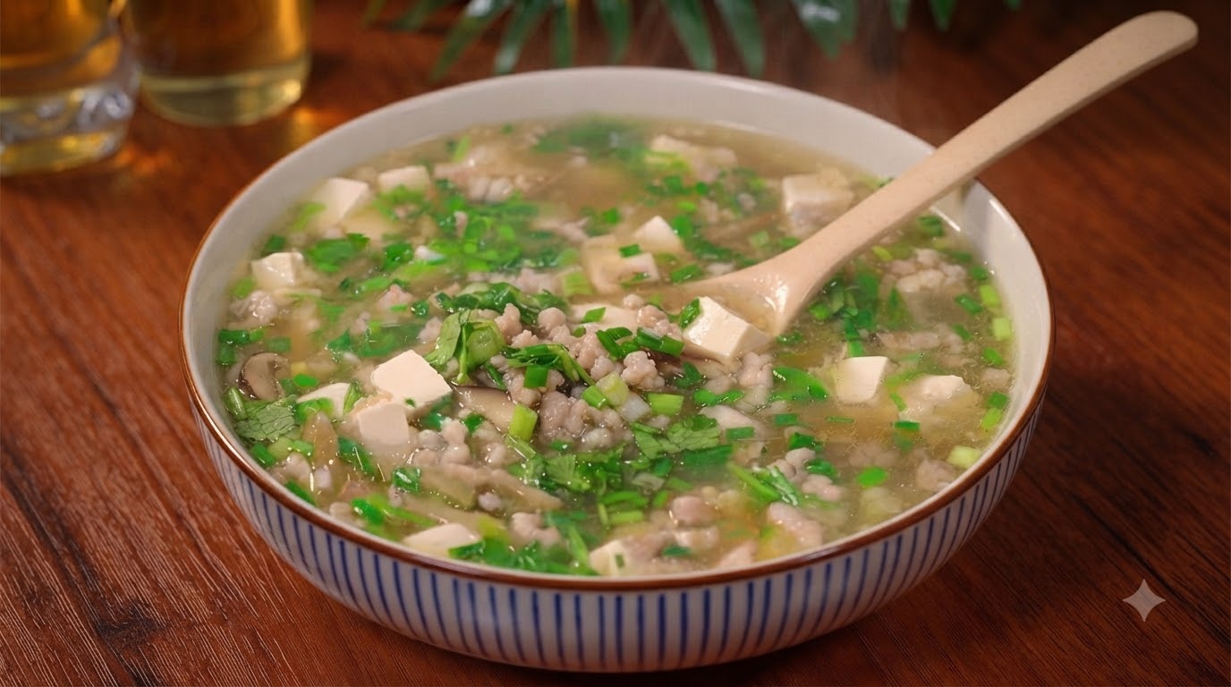 Zuppa di Maiale Macinato e Tofu con Senape Sott'Aceto