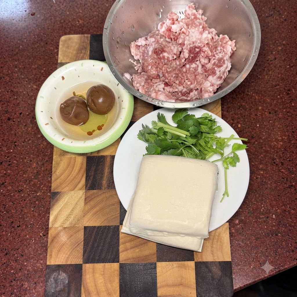 Carne di maiale macinata e prugne salate tritate insieme su un tagliere di legno con tofu e coriandolo accanto.