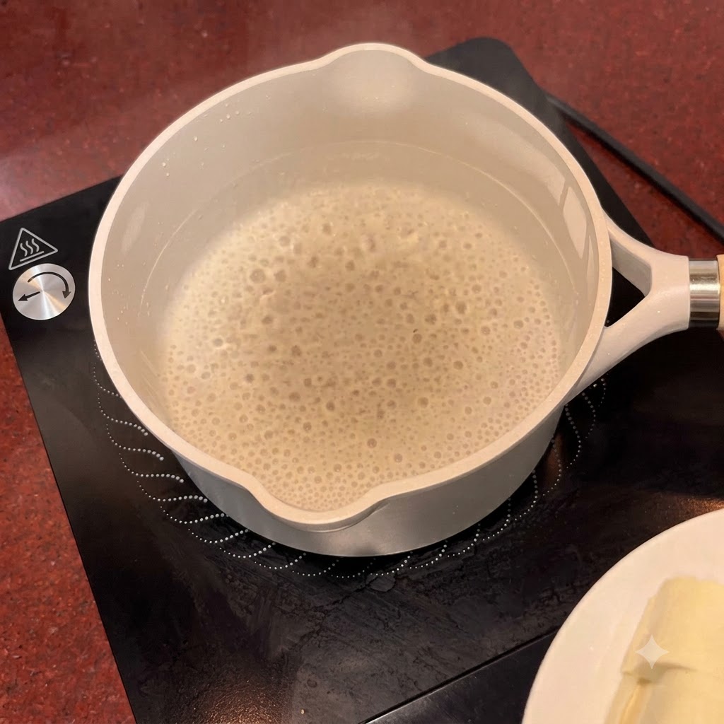 Pezzi di tofu che sobbollono in una pentola di acqua bollente su un piano a induzione nero.