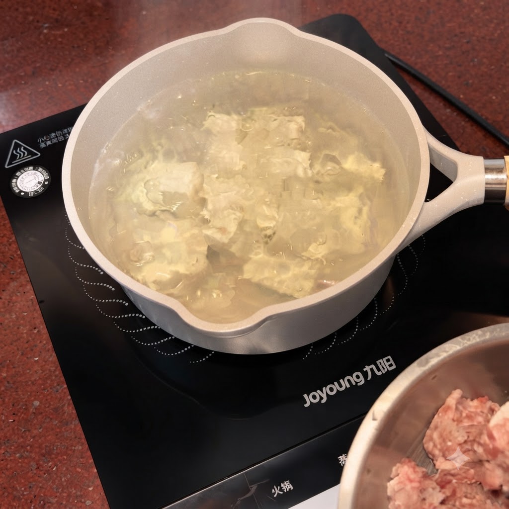 Pezzetti irregolari di carne di maiale macinata calati con un cucchiaio nella pentola bollente con acqua e tofu.