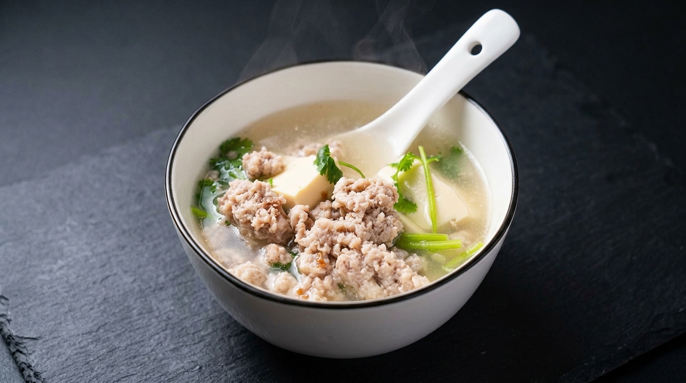 Zuppa Rilassante di Tofu, Maiale e Prugne Salate