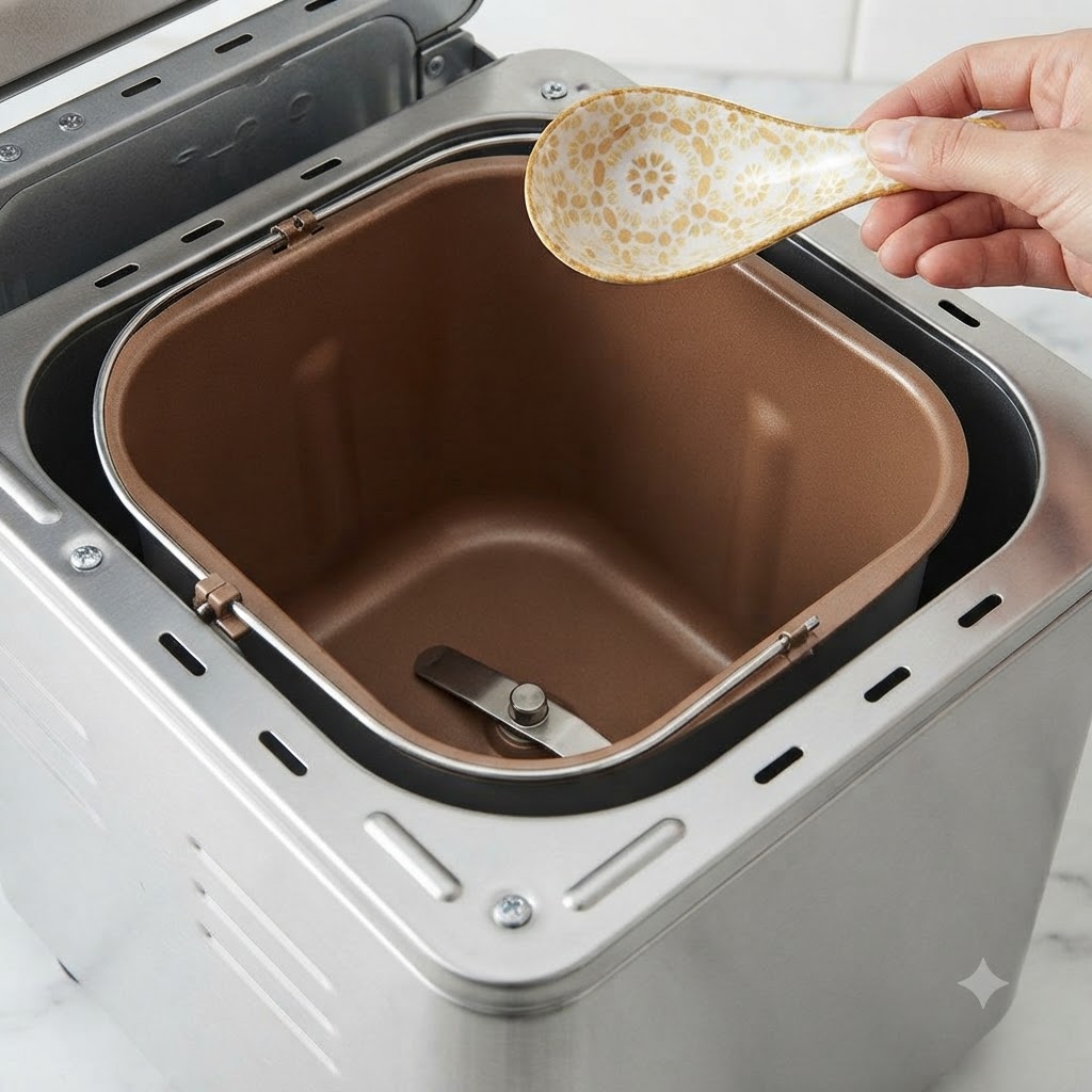 Un cucchiaio di ceramica che tiene gli ingredienti sopra il contenitore interno di una macchina del pane.