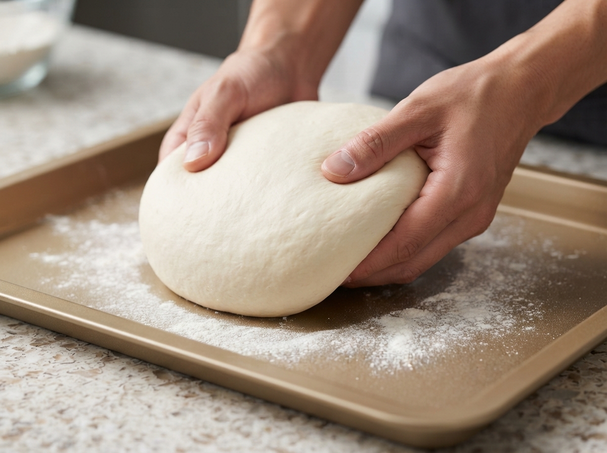 Mani che allungano una pallina di impasto bianco liscio su una teglia dorata leggermente infarinata.