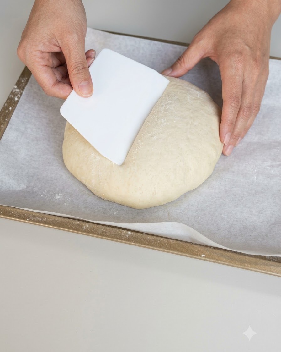 Mani che usano un tarocco di plastica bianca per modellare un mucchio di impasto su carta da forno.