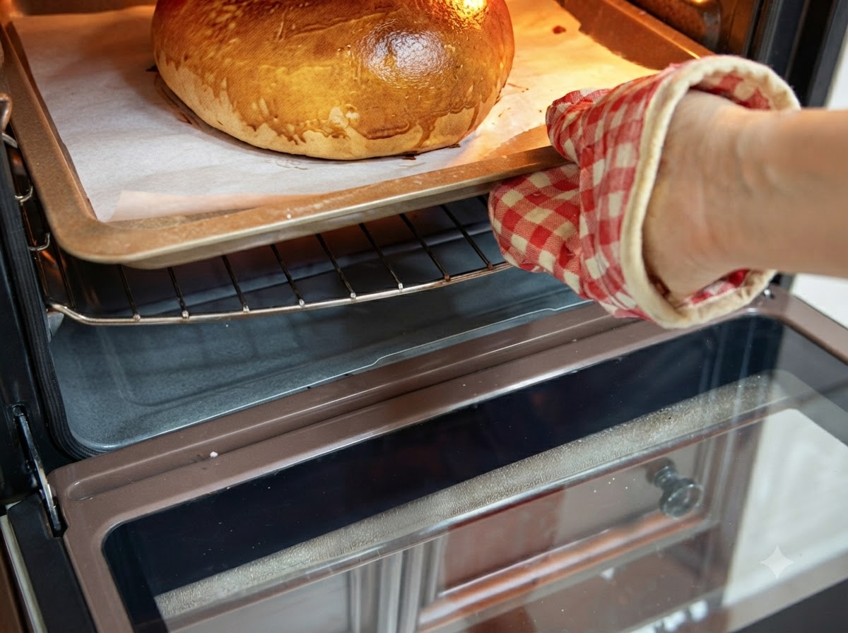 Un maxi panino per hamburger dorato al forno su una teglia mentre viene tolto dal forno.