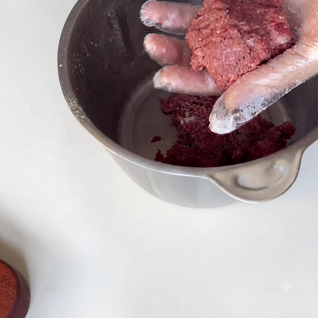 Una mano guantata che impasta e gira carne di manzo macinata condita allinterno di una ciotola in acciaio inossidabile.