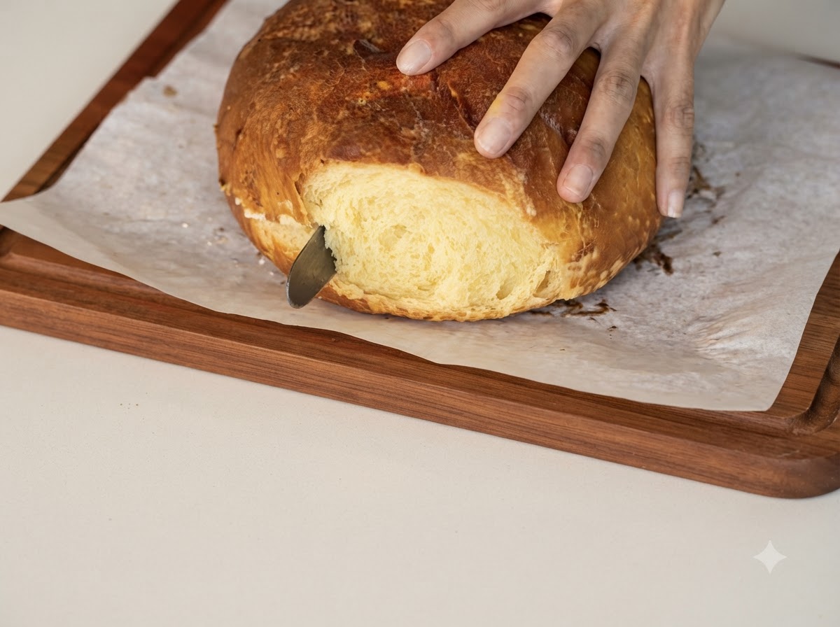 Una mano che tiene un coltello da pane mentre taglia orizzontalmente un grande panino rotondo cotto su carta da forno.