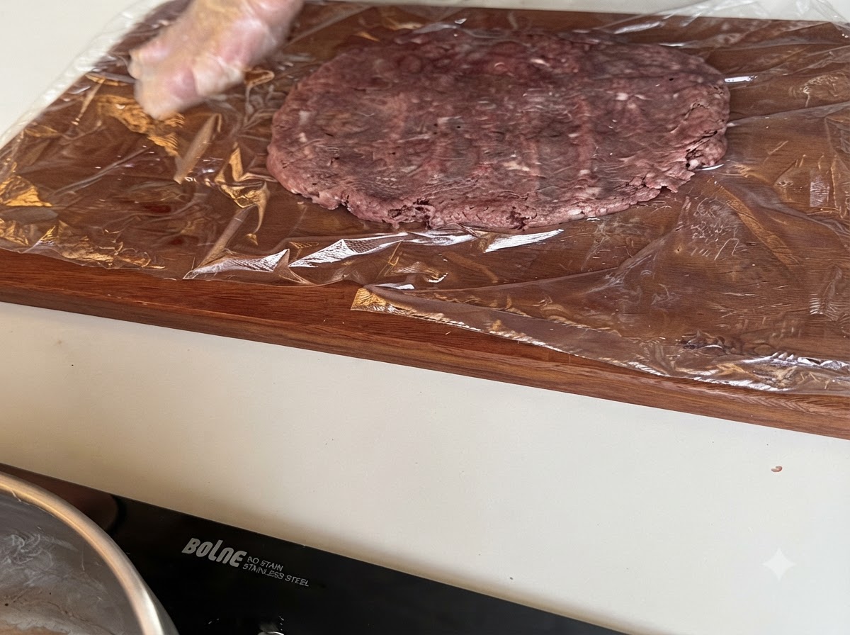 Un grande patty di manzo crudo che viene appiattito su pellicola trasparente stesa su un tagliere di legno.