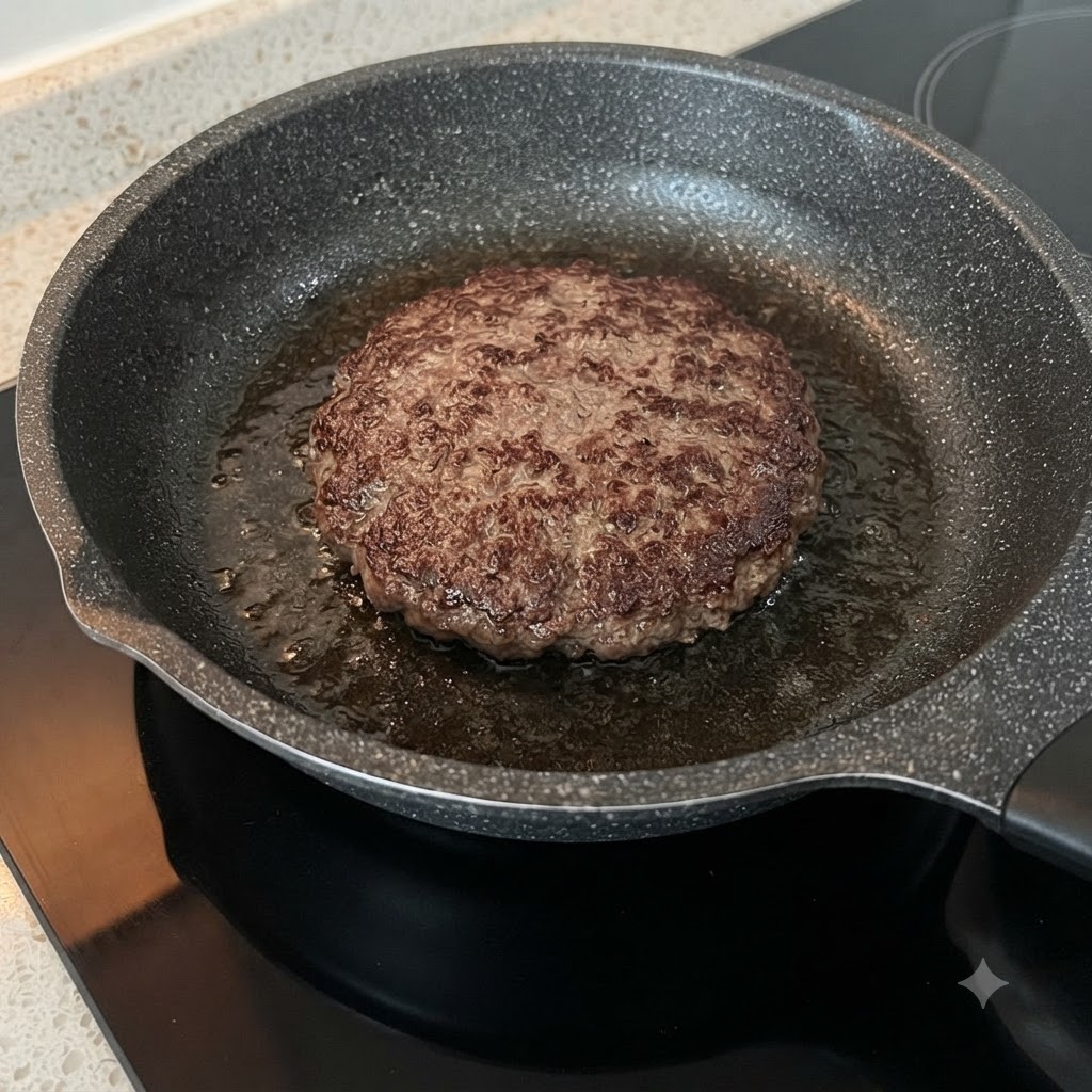Fette di formaggio giallo che si sciolgono sopra un sfrigolante patty di manzo allinterno di una padella.