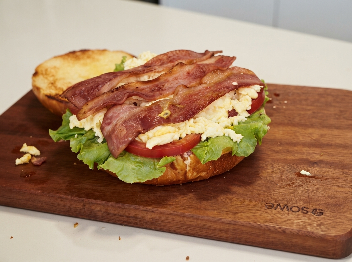 Strisce di pancetta croccante posizionate sopra uova strapazzate, lattuga e pomodori affettati su un tagliere di legno.