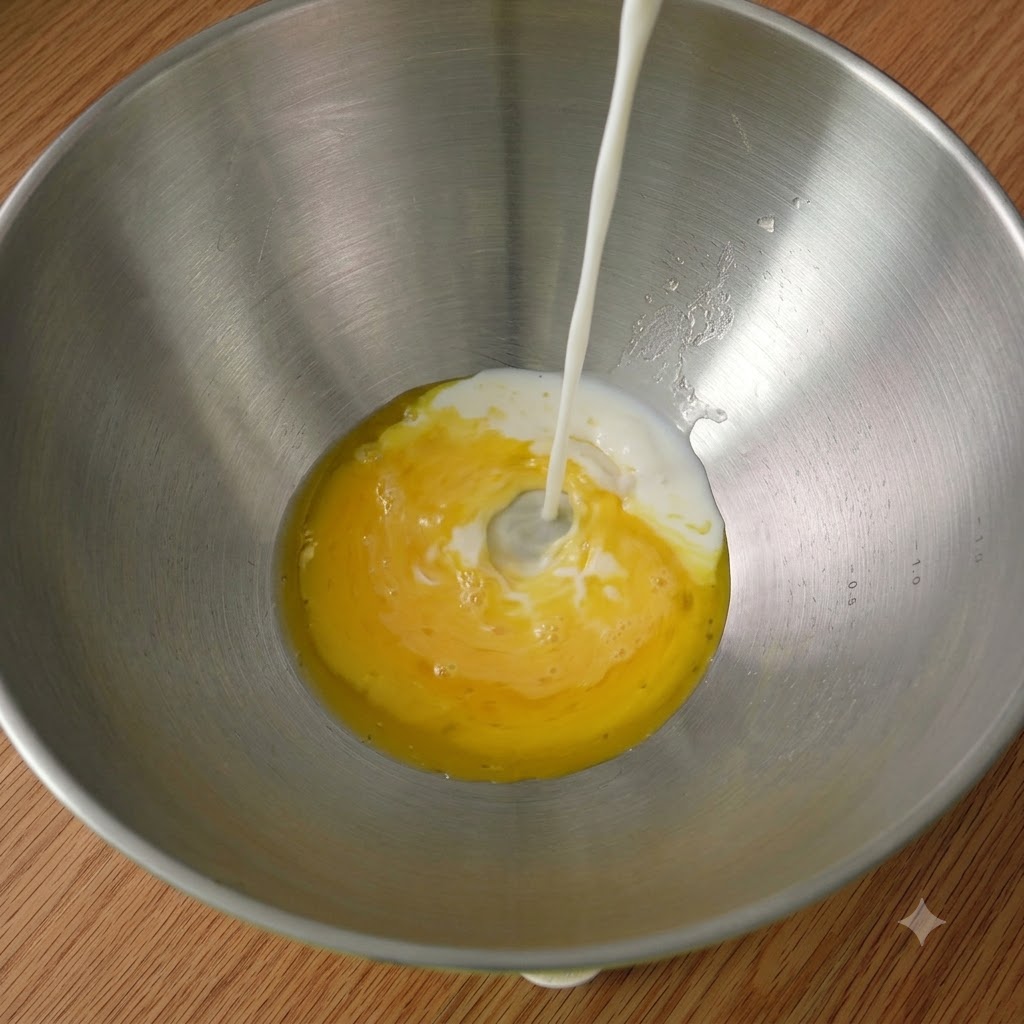 Uova, latte e altri ingredienti da forno uniti in una ciotola.