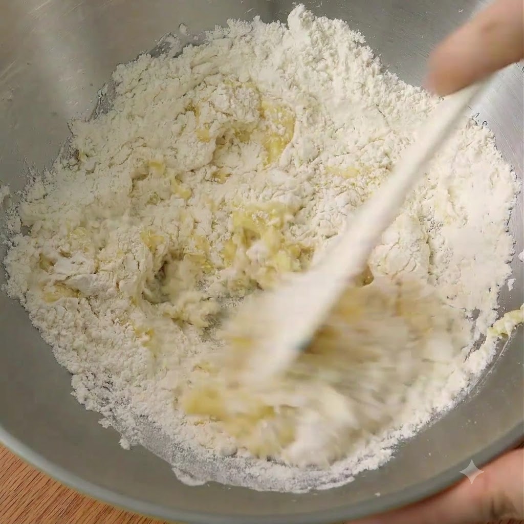 Una spatola che mescola farina, zucchero, sale, lievito, uovo liquido e burro fuso allinterno di una ciotola di metallo.
