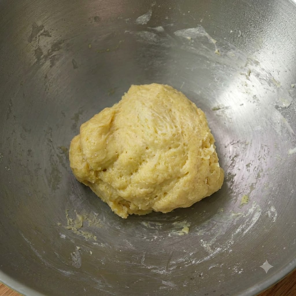 Impasto raccolto in una palla allinterno di una ciotola di metallo dopo la miscelazione iniziale.