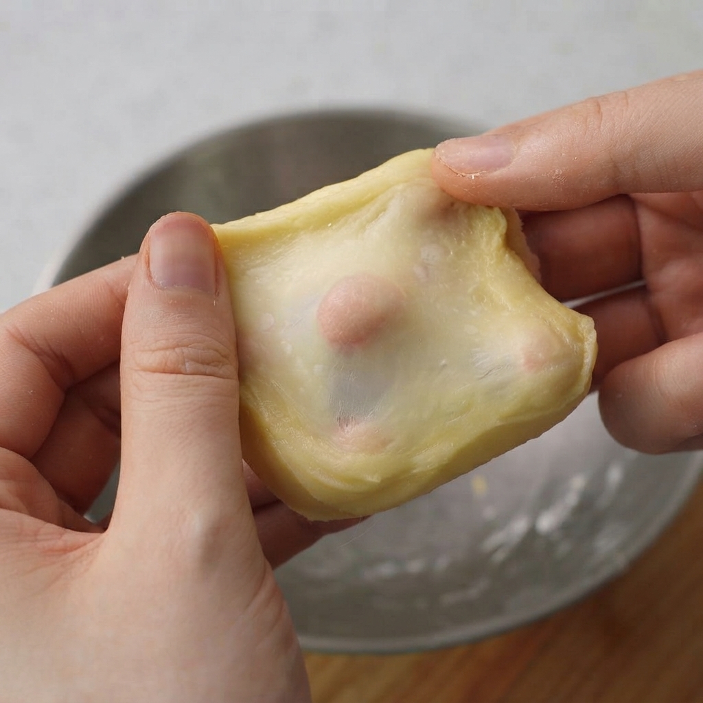 Mani che allungano una porzione di impasto liscio per rivelare una pellicola traslucida.
