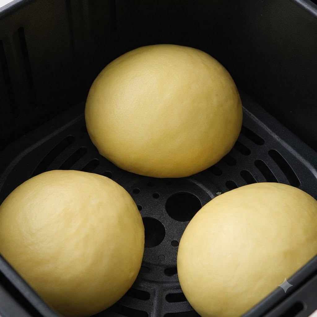 Un pennello da cucina che applica un tuorlo duovo sui panini sagomati in un cestello della friggitrice ad aria.