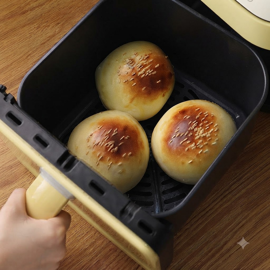 Carta stagnola posizionata sopra un cestello da forno contenente panini dorati.