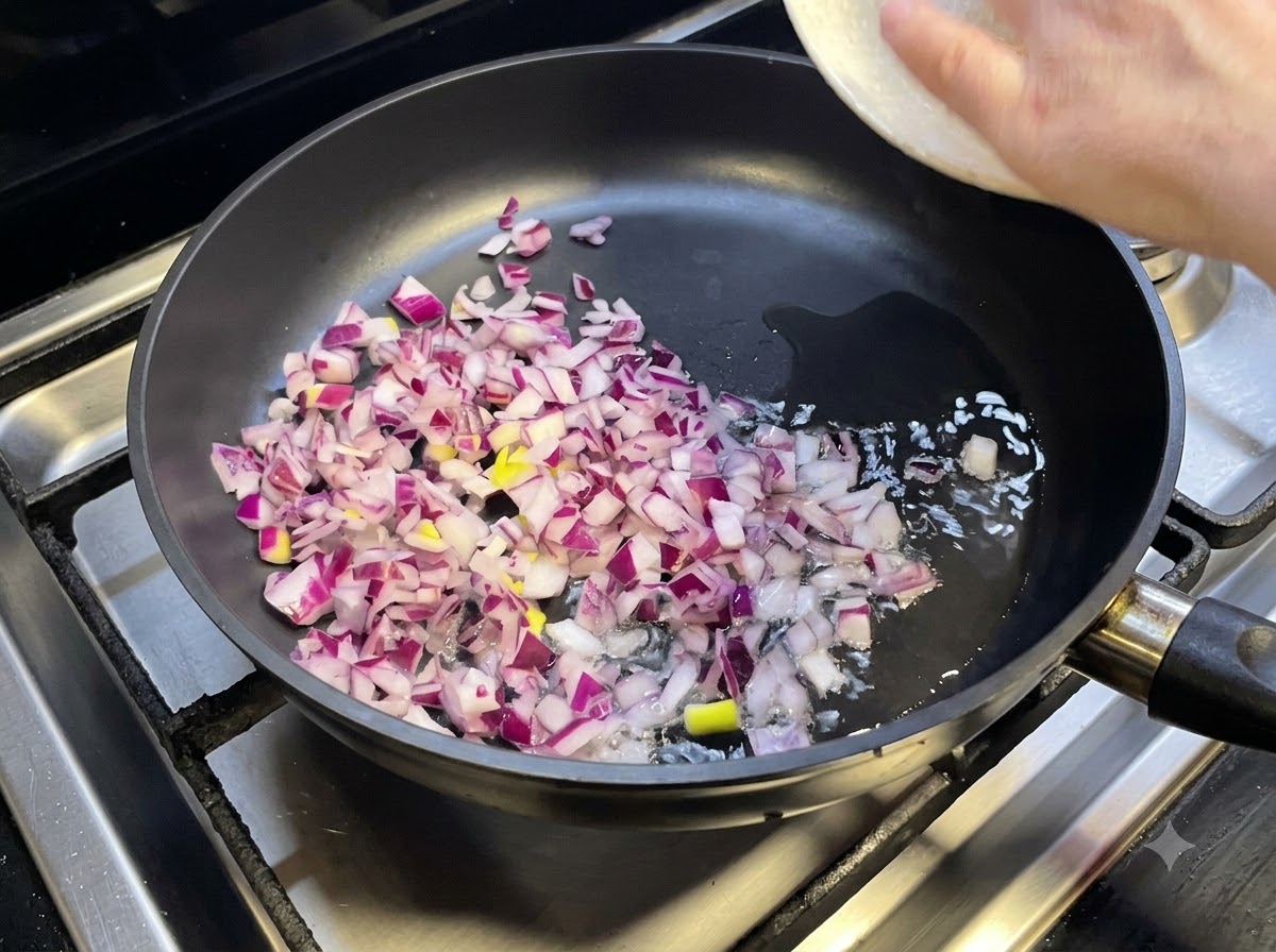 Cipolle rosse tagliate a pezzi che sfrigolano nellolio caldo allinterno di una padella mentre viene aggiunto il manzo macinato.