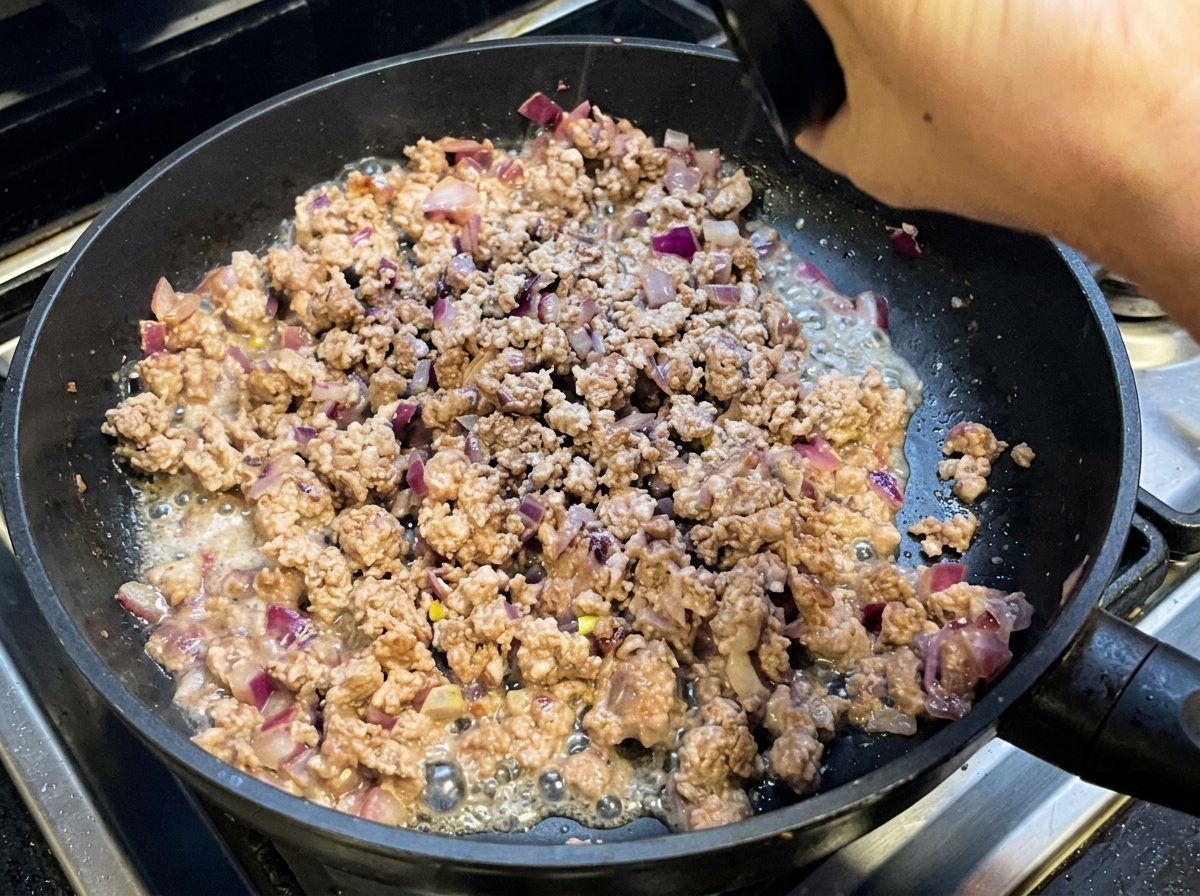 Carne macinata e cipolle che cuociono in padella mentre vengono cosparse di condimenti.