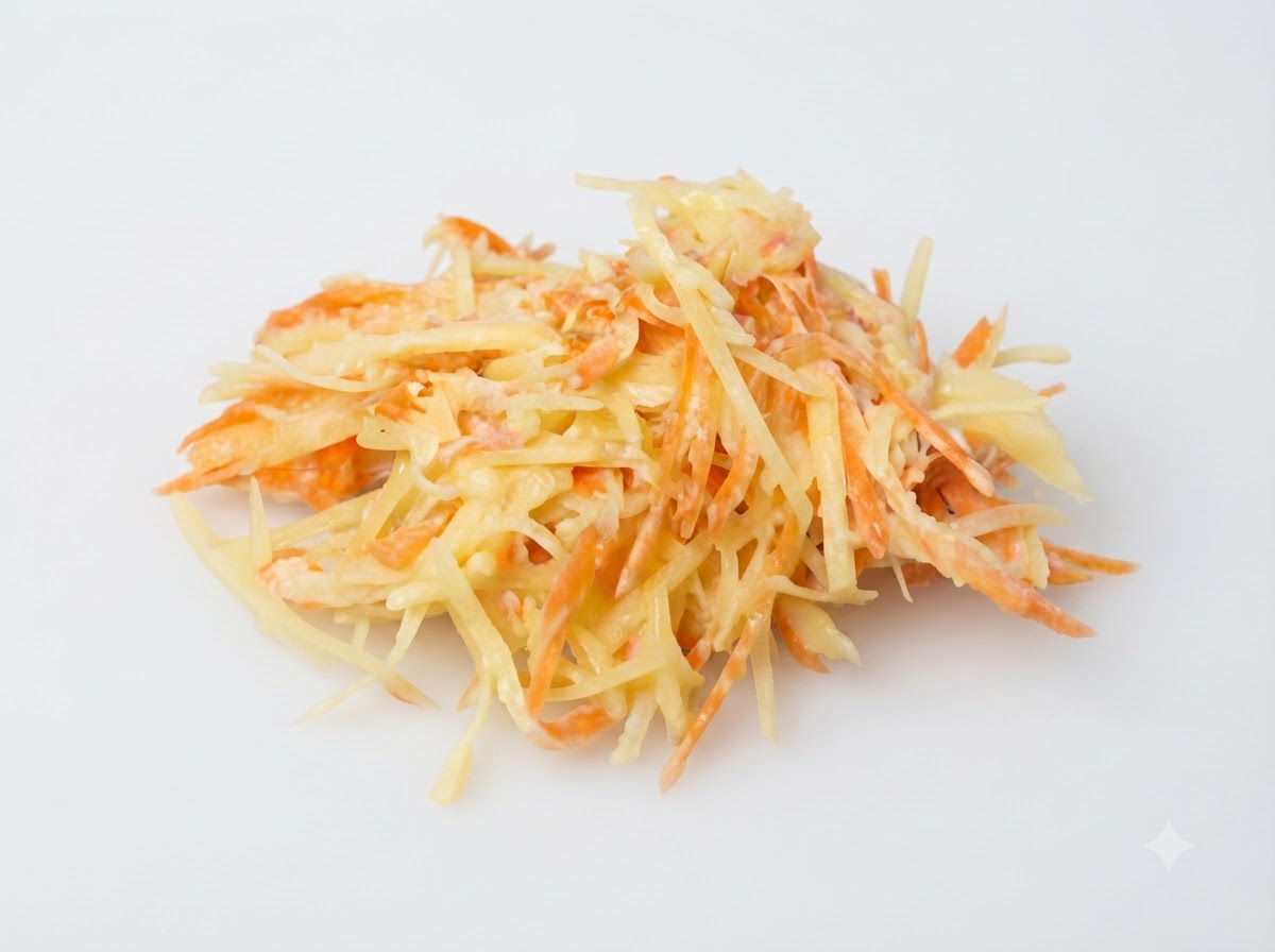 Un mucchio di patate e carote grattugiate mescolate con uova e farina appoggiato su una superficie.