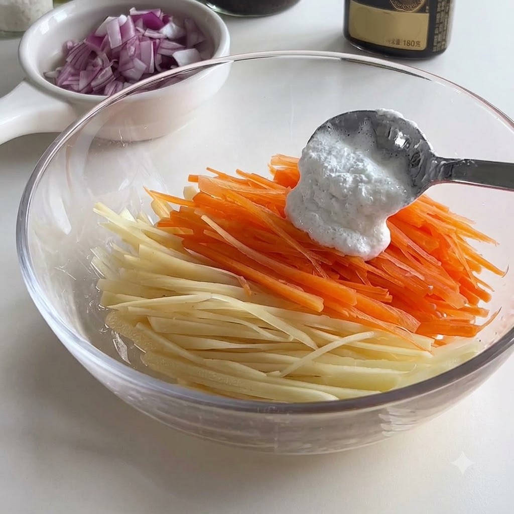 Un cucchiaio di farina bianca aggiunto a carote e patate grattugiate in una ciotola di vetro.