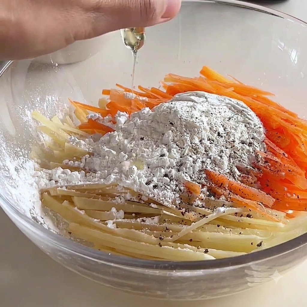 Una mano che versa un liquido in una ciotola di vetro contenente carote, patate, farina e spezie.
