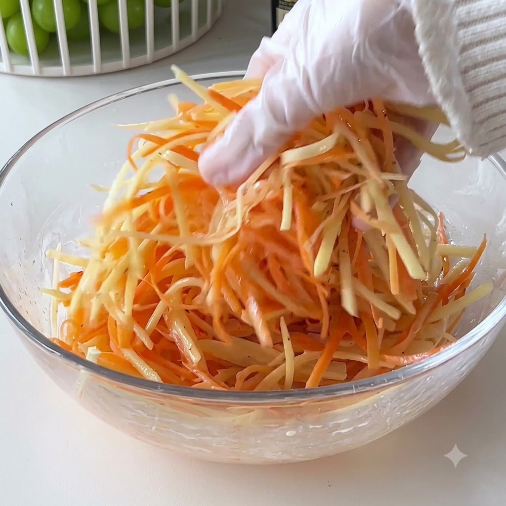Una mano con un guanto che mescola patate e carote in una ciotola di vetro.