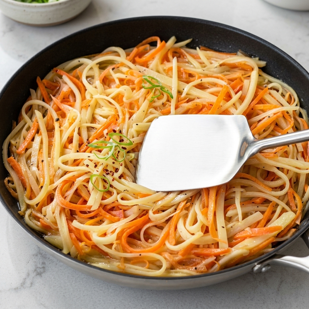 Una spatola di metallo preme su uno strato piatto e circolare di patate e carote in padella.